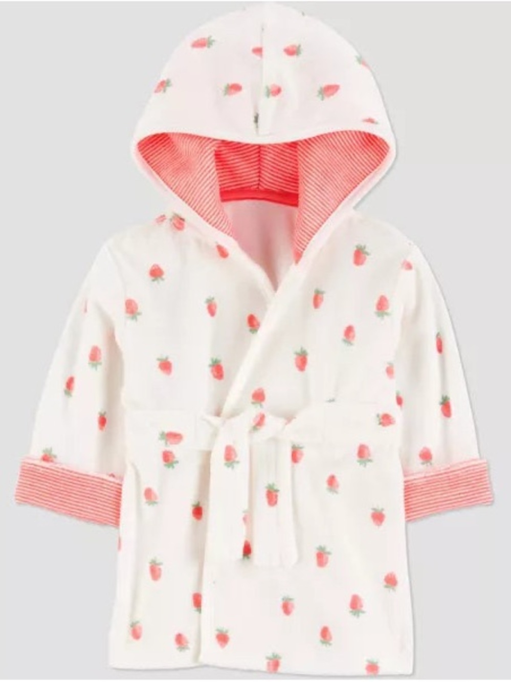Baby White Hooded Robe with Pink Strawberry Print